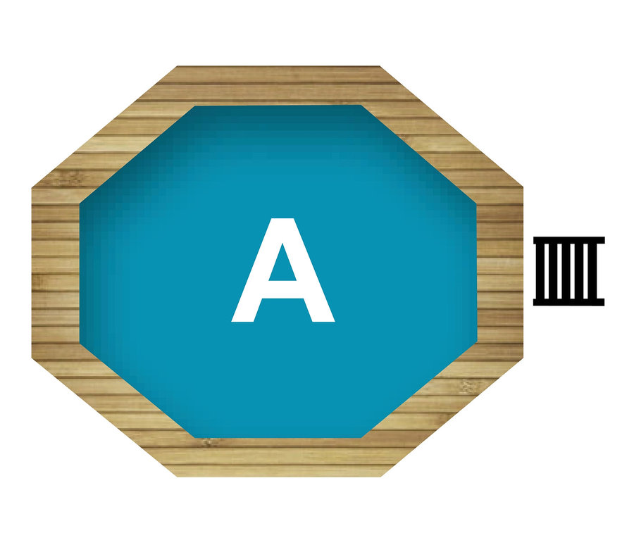 Draufsicht eines Karibu Gartenpool-Sets mit blauem Wasser und Holzrahmen.