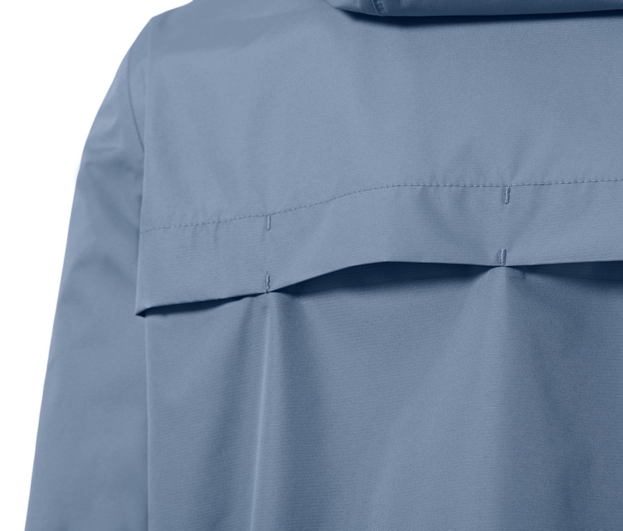 Detailaufnahme einer blauen Unisex-Regenjacke.