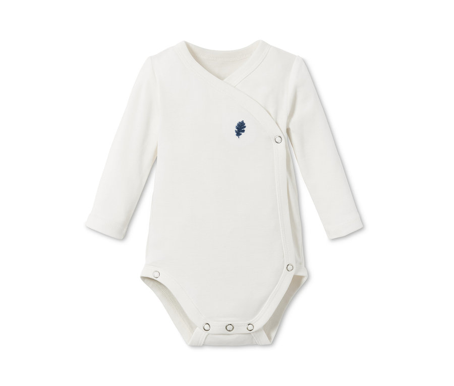 Weißer Langarmbody mit kleinem blauen Blattmuster.