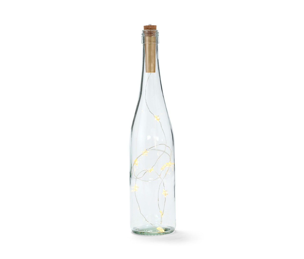 Eine klare Flasche mit einem LED-Korken und einer Lichterkette im Inneren.