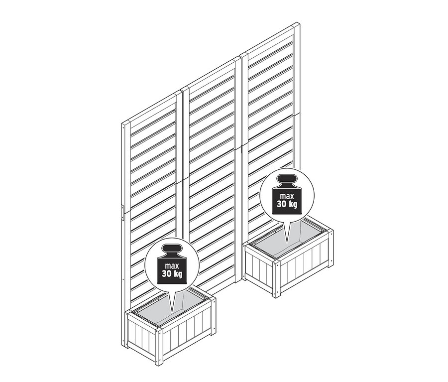 Illustration von zwei Paravents mit Pflanzkästen »Tinus« und Informationen zum maximalen Gewicht von 30 kg.