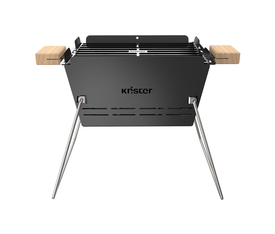 Schwarzer Knister Grill »Small« mit Holzgriffen und Metallbeinen.