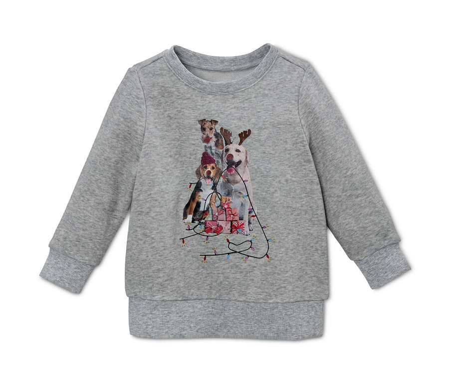 Graues Sweatshirt mit Hunde-Weihnachtsmotiv.