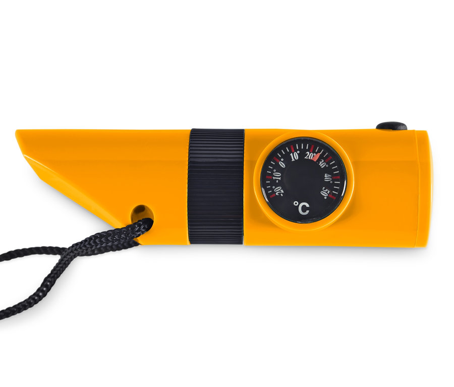 Gelbes, kompaktes 7-in-1-Outdoor-Tool mit schwarzer Schnur und Thermometer.