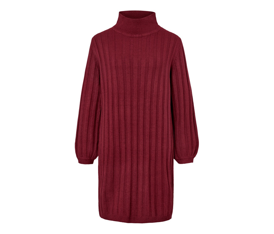 Weinrotes, geripptes Strickkleid mit Stehkragen.
