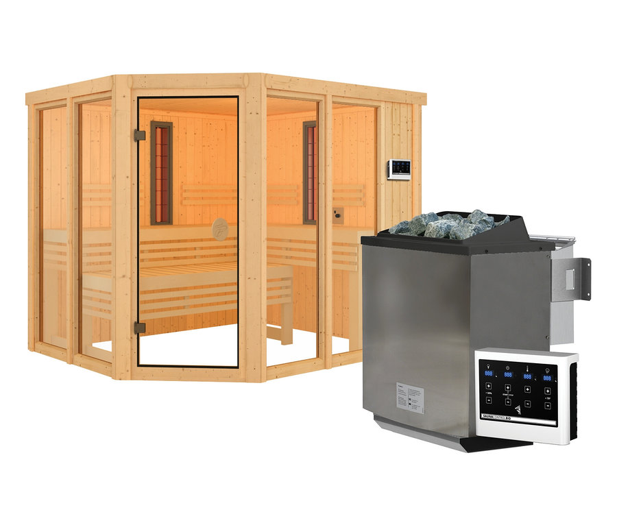 Eine Karibu Sauna »Scarlett Plus«, Bio mit einer Ecke, Glastür und Heizung mit Steinen.