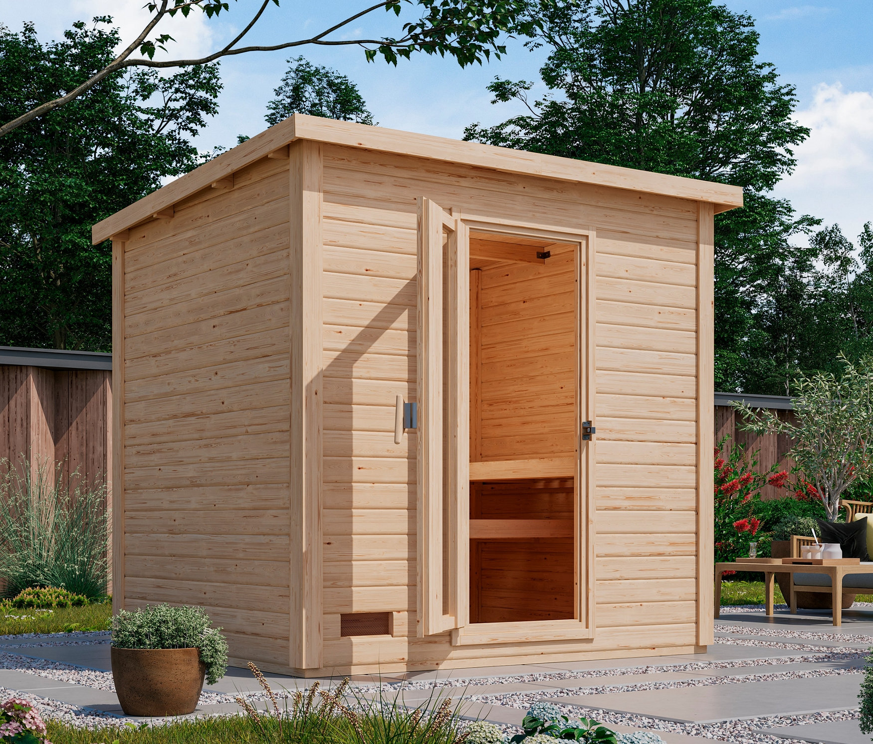 Aussenansicht des Karibu Saunahauses "Elli 3" mit offener Tür im Garten.