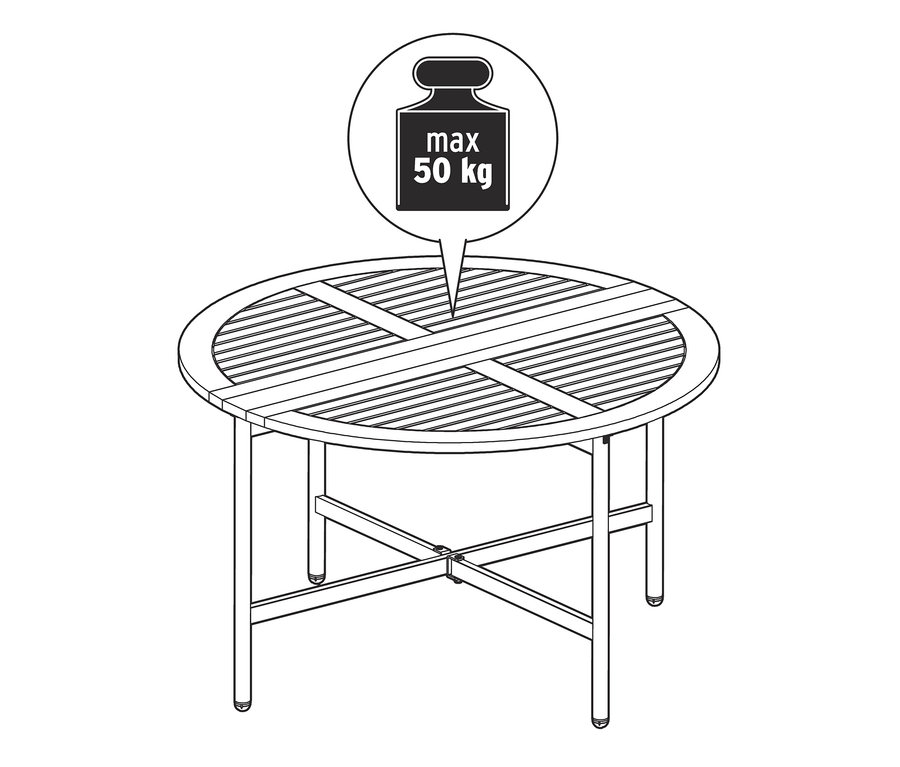 Eine Skizze von einem runden Ausklapptisch »Elin« mit einer maximalen Belastbarkeit von 50 kg.