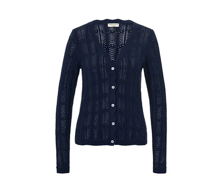 Marineblaue Strickjacke mit Ajour-Muster und Knöpfen.