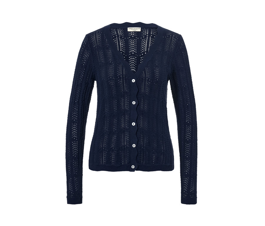 Marineblaue Strickjacke mit Ajour-Muster und Knöpfen.
