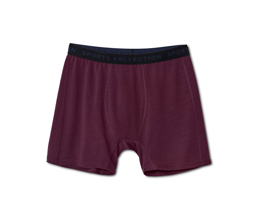 Nahaufnahme der 2 Funktionsslipboxer mit Merinowolle in Bordeaux.