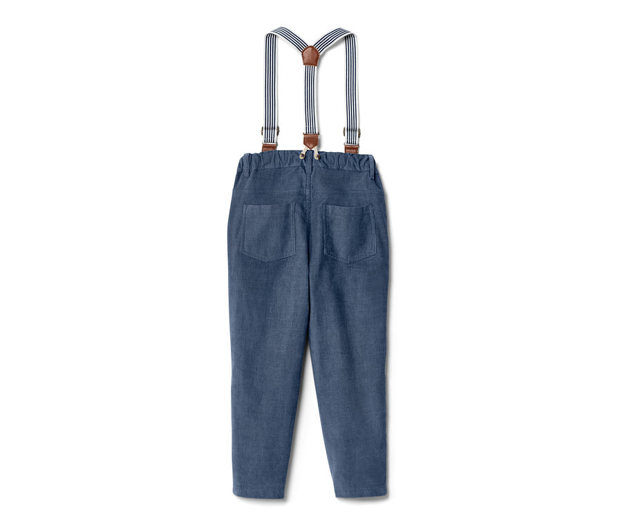 Blaue Kinder-Cordhose mit abnehmbaren Hosenträgern von hinten.