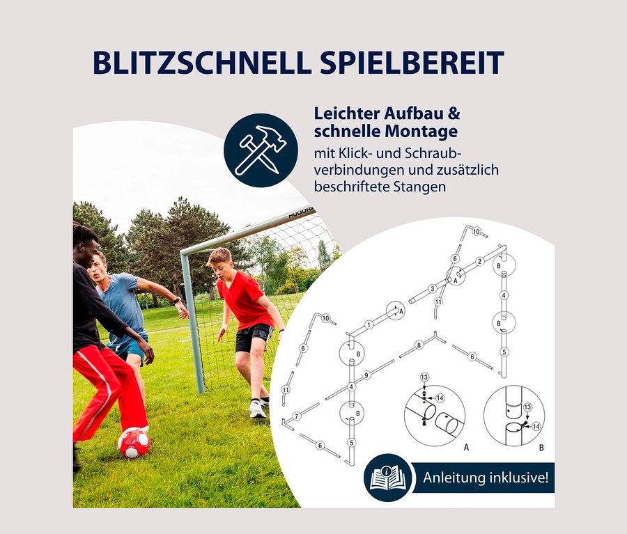 Drei Jungen spielen Fußball vor einem HUDORA Fußballtor »Expert 300«. Anleitung inklusive!