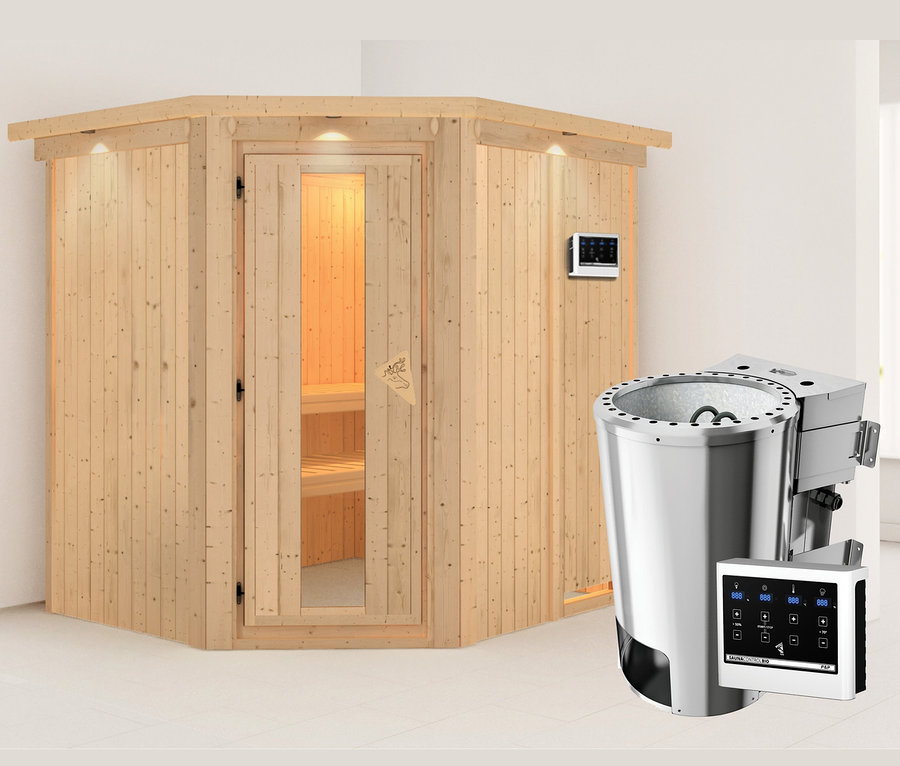 Eine Ecksauna aus Holz mit Glastür und einem silbernen Saunaofen.