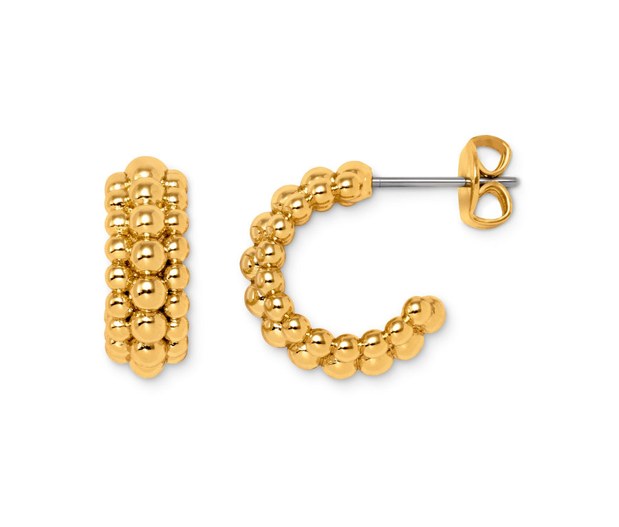 Zwei goldene Creolen mit Kugelstruktur.