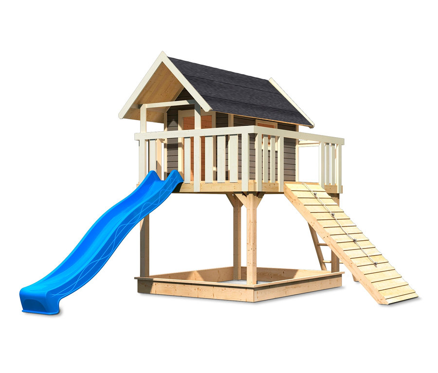 Karibu Stelzenhaus »Fidel« mit Rutsche, Kletterwand und Holzrampe.