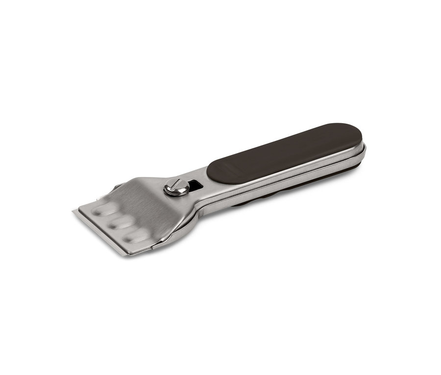 Reinigungsschaber mit silberner Metallklinge und braunem Griff.