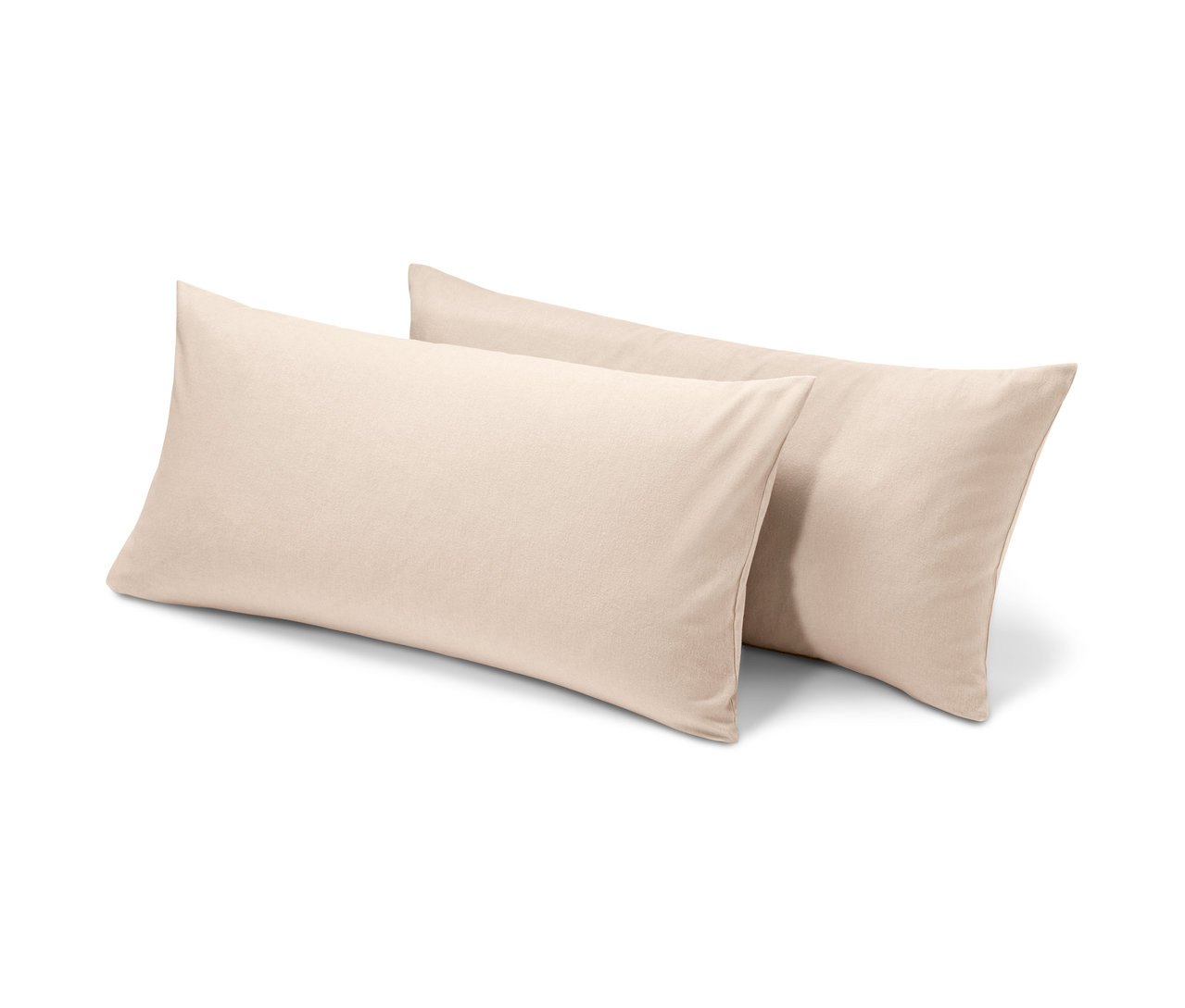 Zwei beige Biber-Kopfkissenbezüge.