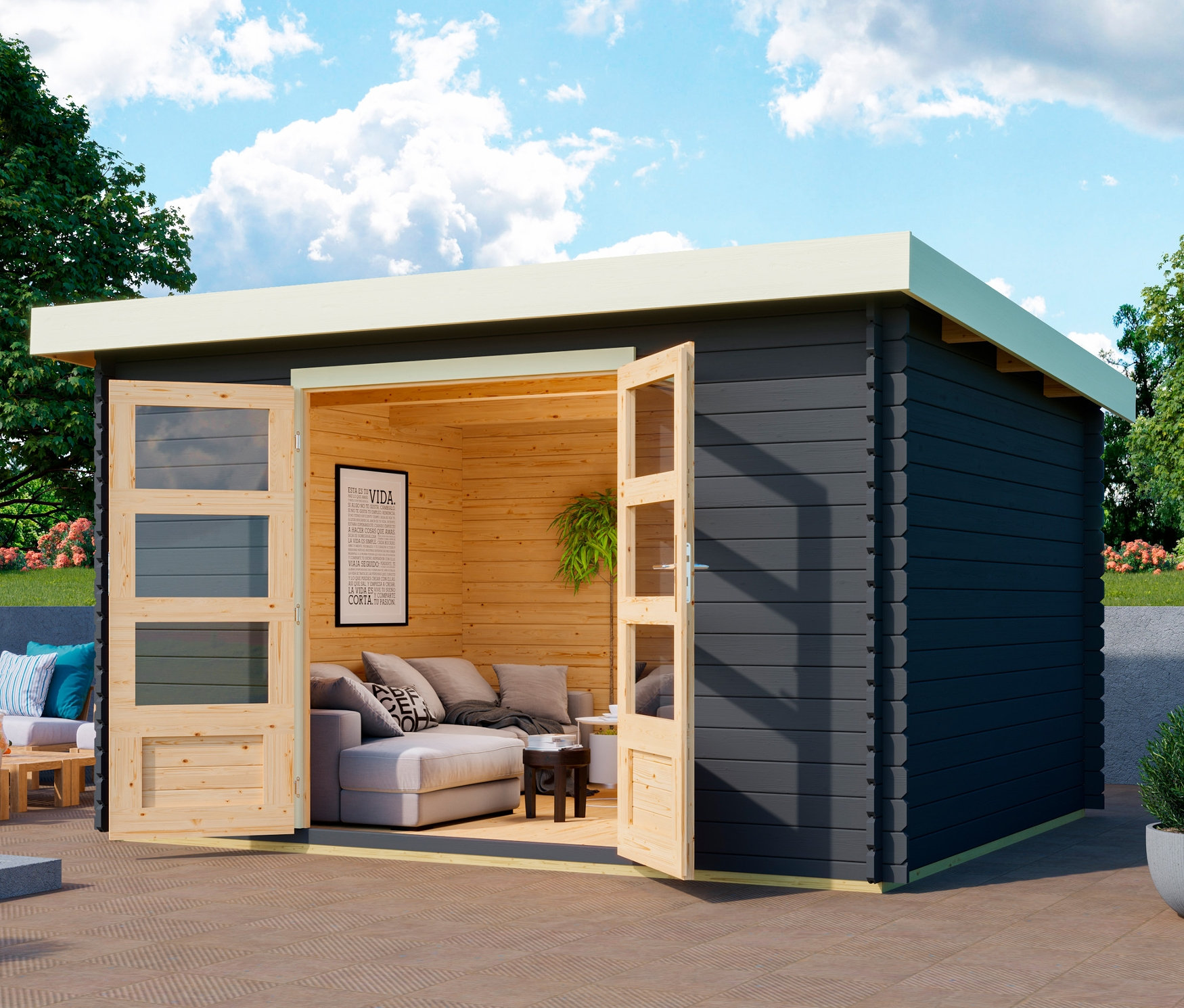 Offene Tür zum Karibu Gartenhaus, 28 mm, (Barne 7) mit Möbeln.