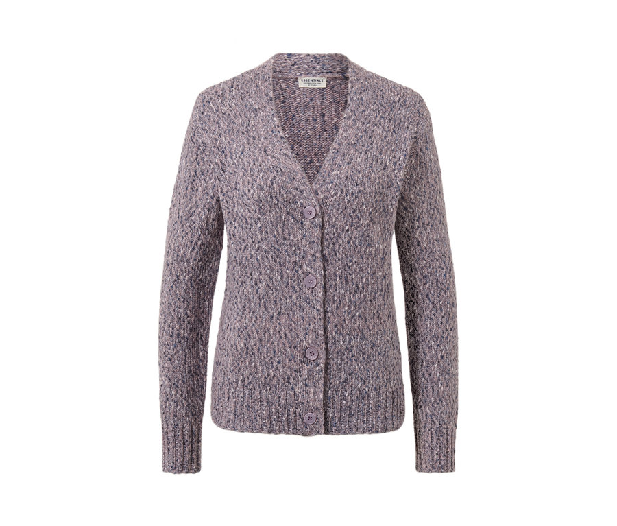 Graue Strickjacke mit Wolle, V-Ausschnitt und drei Knöpfen.