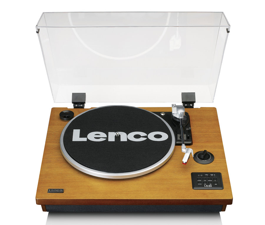 Detailansicht des Lenco LS-55 Plattenspielers mit geöffneter, transparenter Abdeckung.