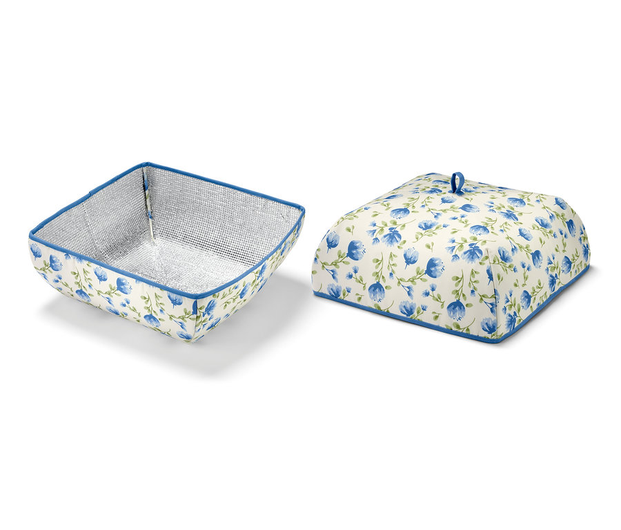 Zwei Thermo-Abdeckhauben mit blauem Blumenmuster auf weißem Hintergrund.