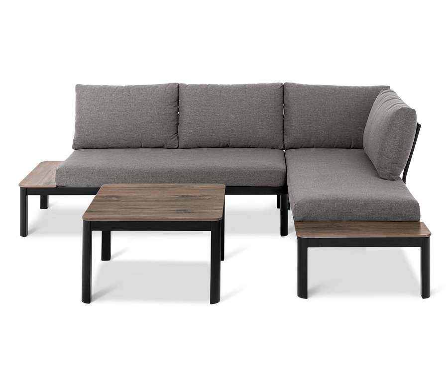 Flexible Lounge-Ecke mit grauen Kissen und Duraboard®-Tischplatten.