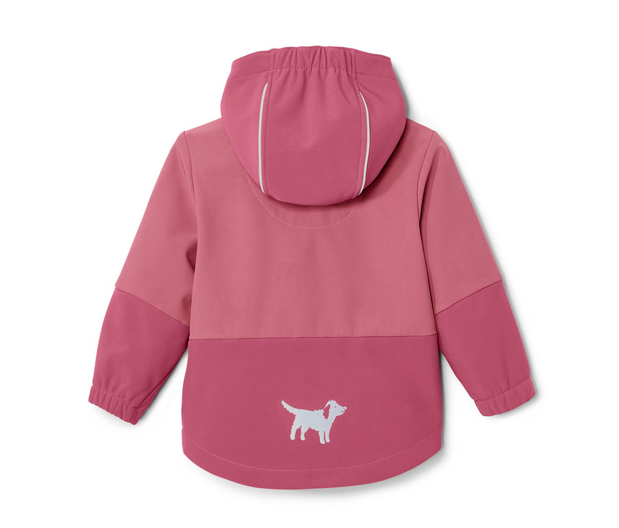 Rückansicht einer rosa Kinder-Softshelljacke mit Farbwechsel bei Regen, mit Kapuze und Hundemotiv.