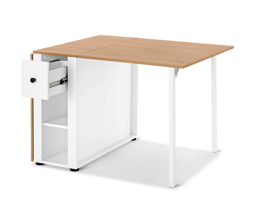 Quadratischer Tisch mit Schublade und Stauraum, die Tischplatte ist aus Holz, der Rest ist weiß.