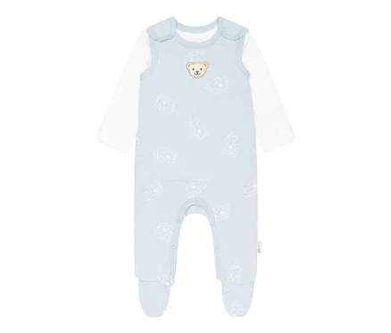 Heller blauer Baby-Strampler mit langen, weißen Ärmeln und Elefantenmuster. Steiff 2 Baby-Strampler, hellblau