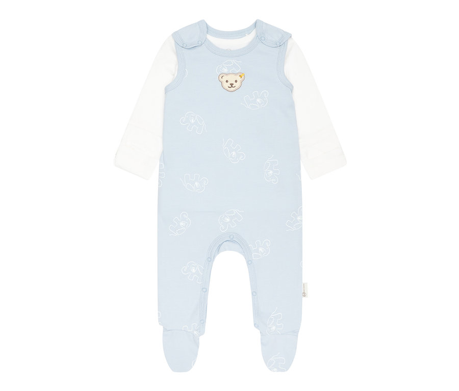 Heller blauer Baby-Strampler mit langen, weißen Ärmeln und Elefantenmuster. Steiff 2 Baby-Strampler, hellblau