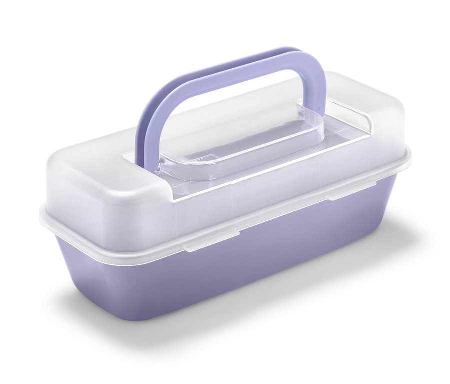 Eine lila Kastenform mit weißem Deckel und lila Griff.