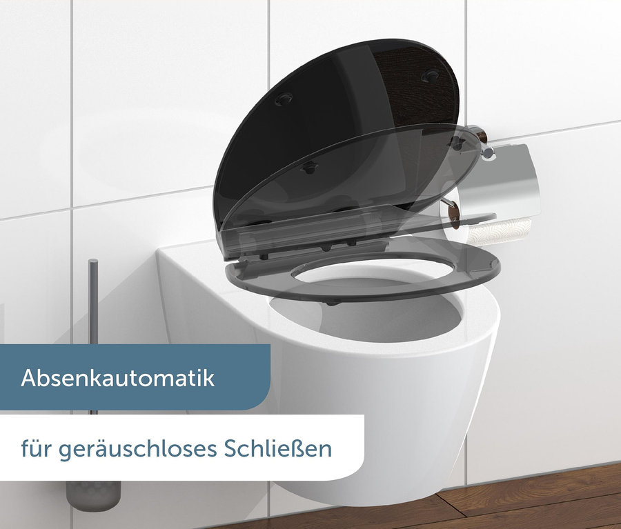 WC mit schwarzem Duroplast WC-Sitz, Slim Black, der Sitz ist hochgeklappt.