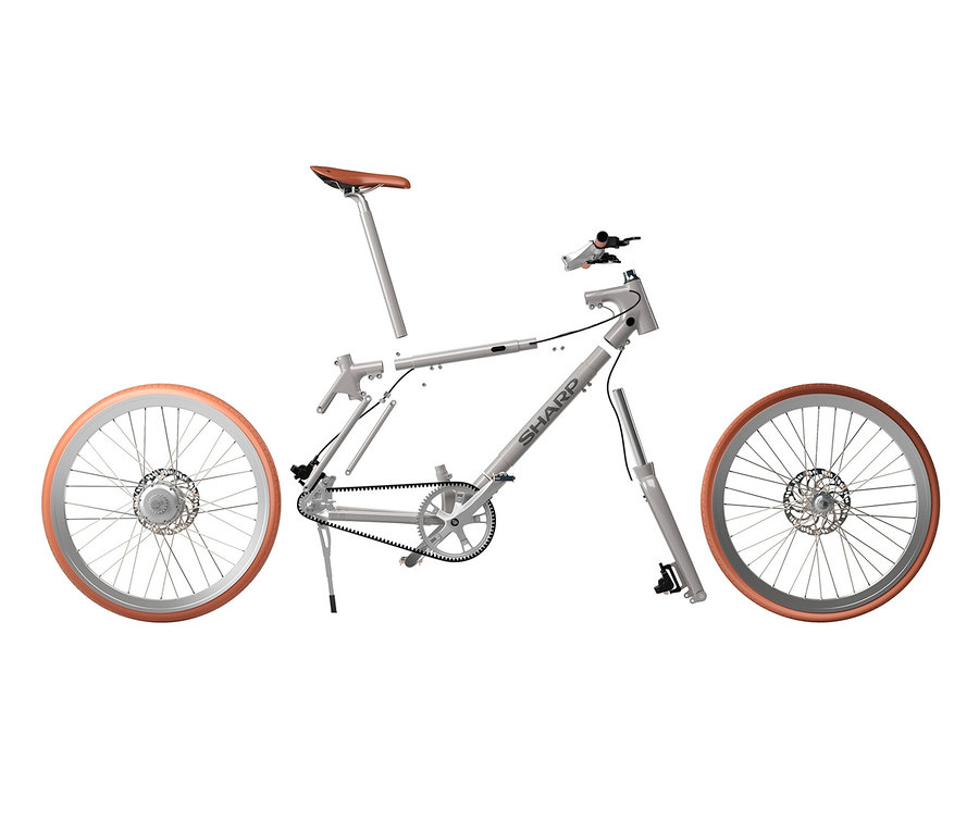 Teile eines SHARP Hybrid E-Bikes sind zerlegt.