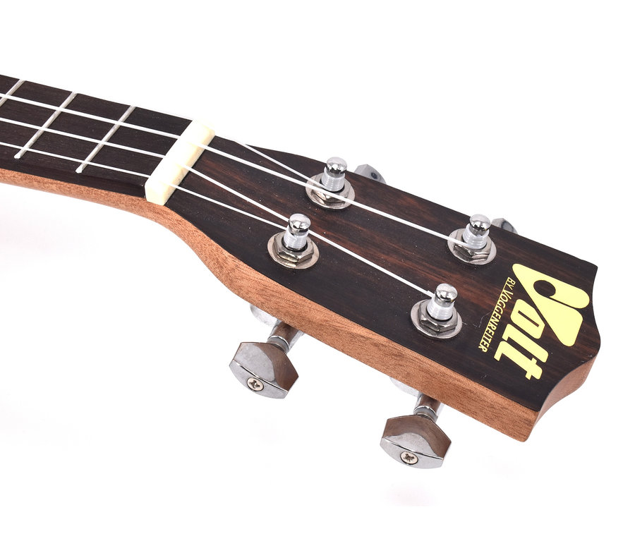 Detailansicht des Halses der Voggenreiter Sopran Ukulele-Set »Zebrano«.