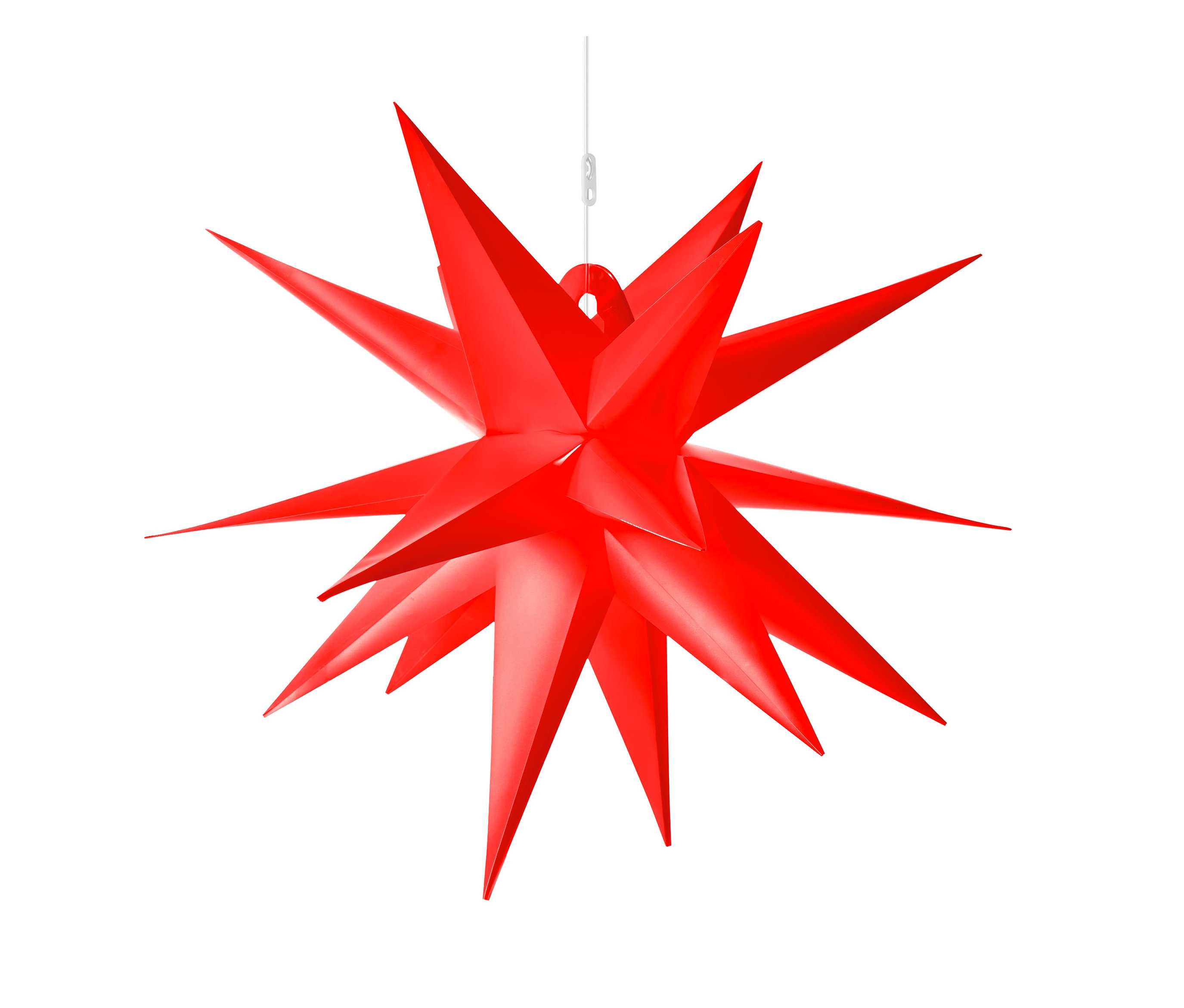 Ein roter AMARE XXL-LED-Stern mit 100 cm Durchmesser hängt vor einem weißen Hintergrund.