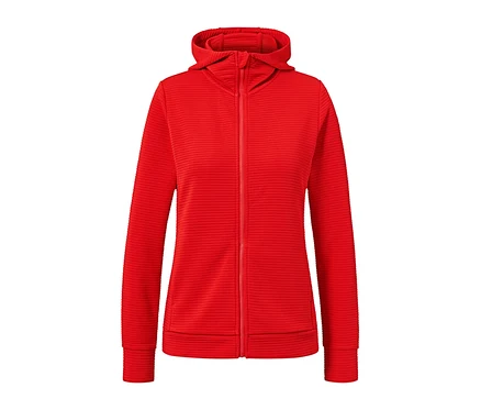 Rotorange Kapuzenjacke mit Reißverschluss in der Mitte.