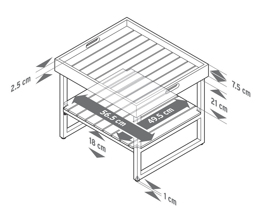 Eine Illustration von einem Couchtisch mit abnehmbarer Tablett-Tischplatte und Bemaßungen.