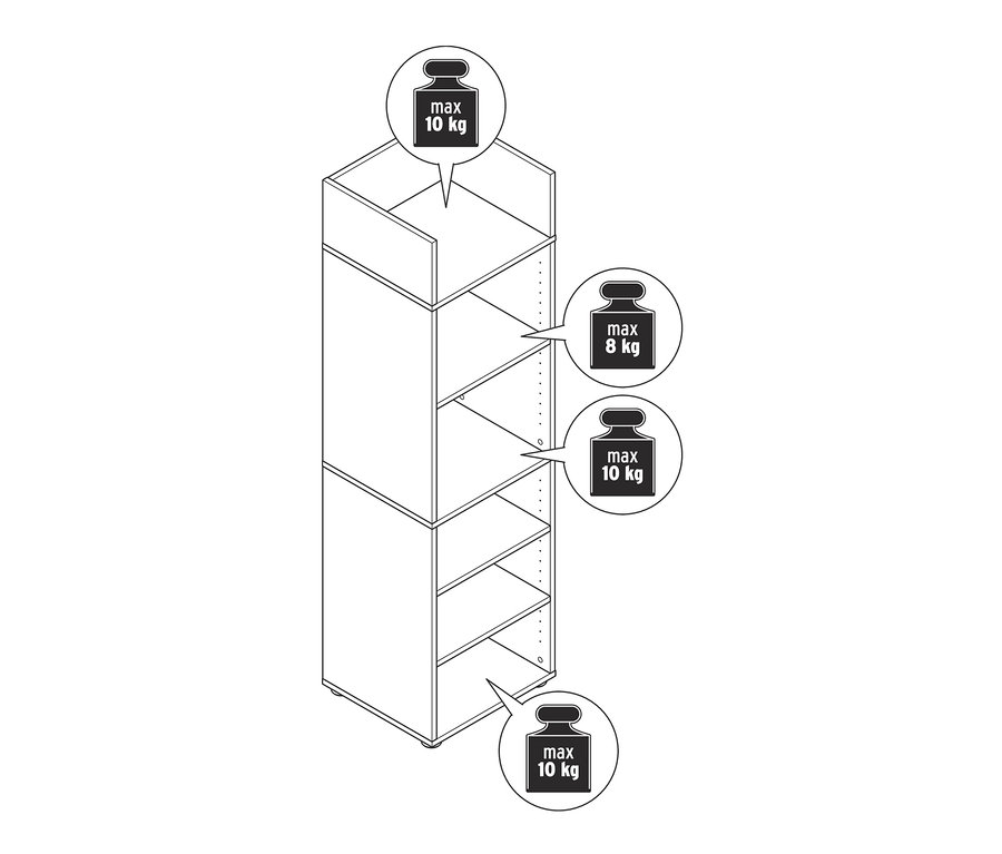 Eine Strichzeichnung eines offenen Büroschranks mit fünf Regalen, die jeweils ein maximales Gewicht von 8 bis 10 kg tragen können.
