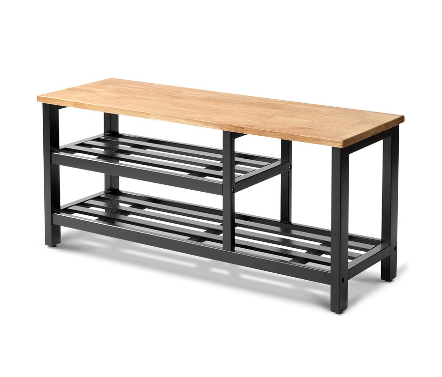 Schuhregal mit Holzplatte und zwei offenen Fächern.