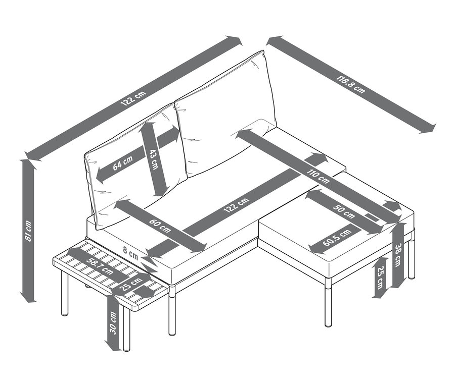Die Maße des flexiblen Balkon-Lounge-Sets "Liska" sind mit Pfeilen dargestellt.