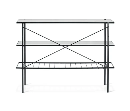Konsole, Breite ca. 120 cm, mit drei Glasablagen und schwarzem Metallgestell.