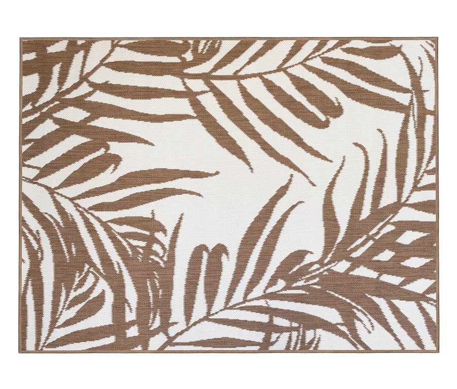 Ein brauner und weißer Outdoor-Wendeteppich mit Palmenblattmuster.