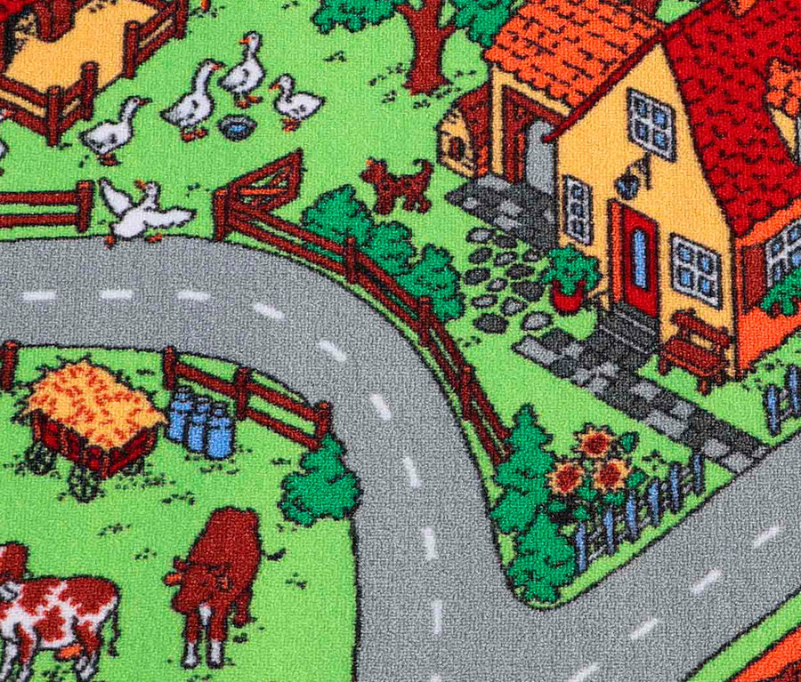 Illustration eines Spielteppichs mit Bauernhof-Motiv, inklusive Gebäude, Tiere und Straßen.