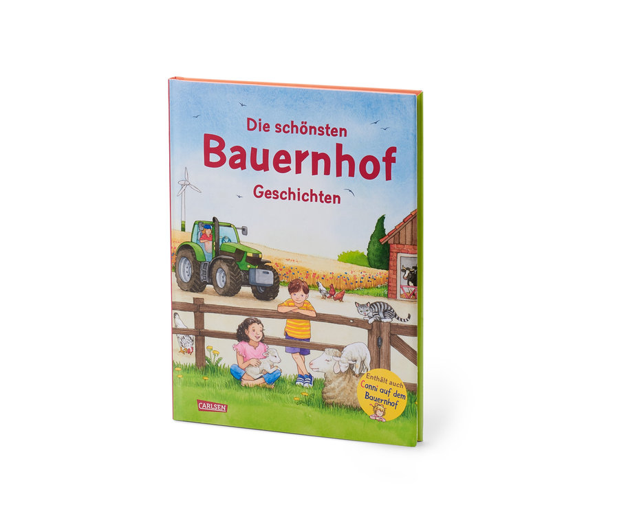 Buch »Die schönsten Bauernhofgeschichten« mit einer Illustration von einem Bauernhof mit Kindern, Tieren und einem Traktor.