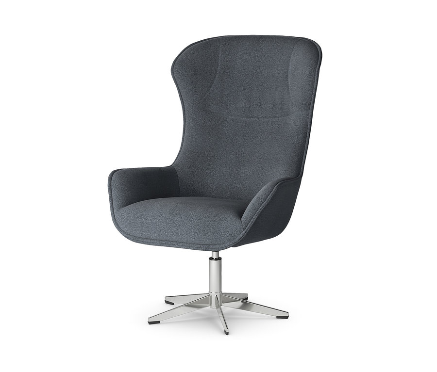 Ein grauer Sessel mit Drehfunktion vor einem weißen Hintergrund.