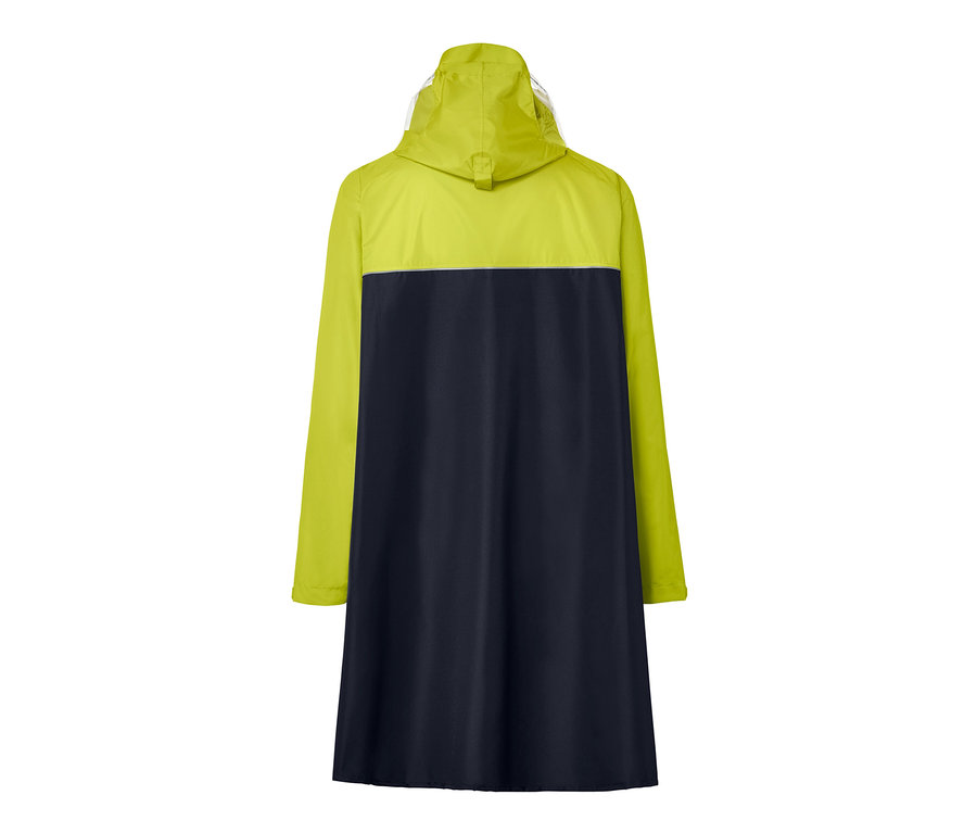 Gelb-dunkelblauer Regenponcho mit Ärmeln von hinten.