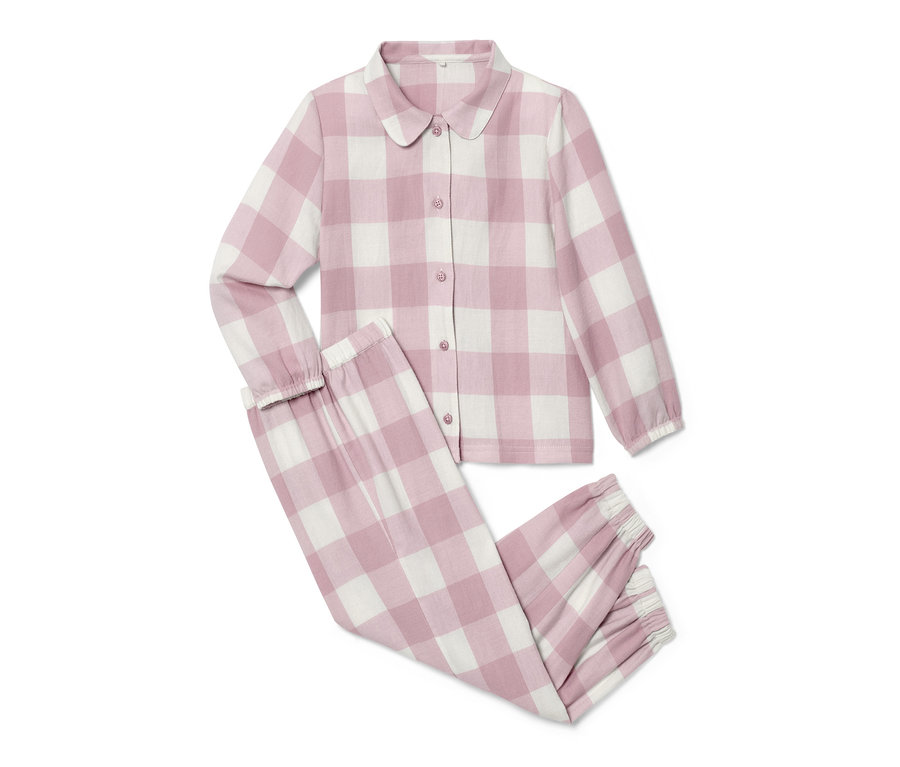 Ein Kinder-Flanell-Pyjama mit einem rosa-weiß karierten Muster.
