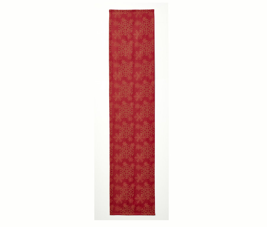 Ein roter Jacquard-Tischläufer mit Schneeflockenmuster.