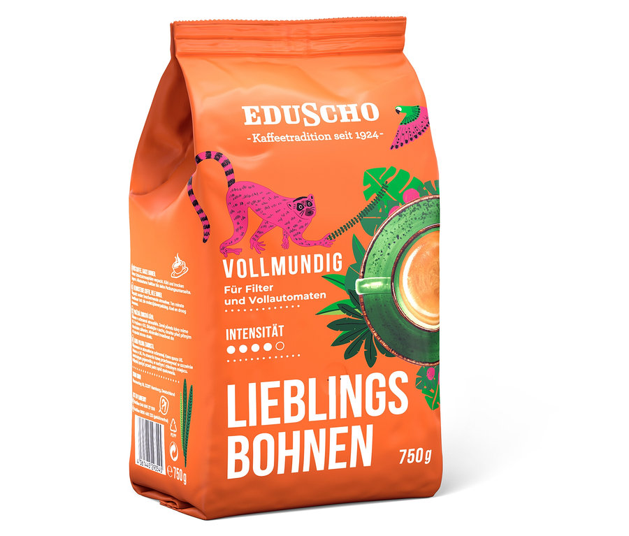 Orangefarbene Packung Eduscho Lieblingsbohnen Vollmundig - 750 g Ganze Bohne.